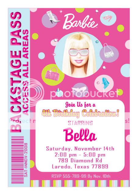 Setof 10 Barbie Personalized Backstage Pass Invitations  