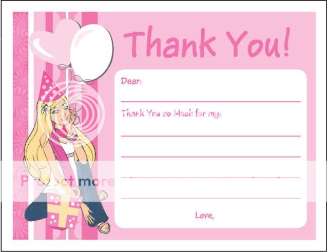 Set of 10 Barbie Party Personalized Thank You Cards  