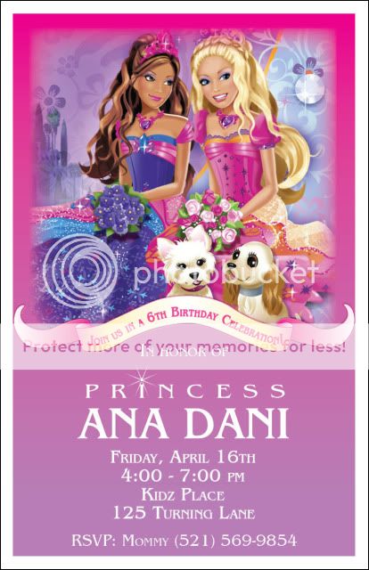 10 Barbie Princess Personalized Birthday Invitations  