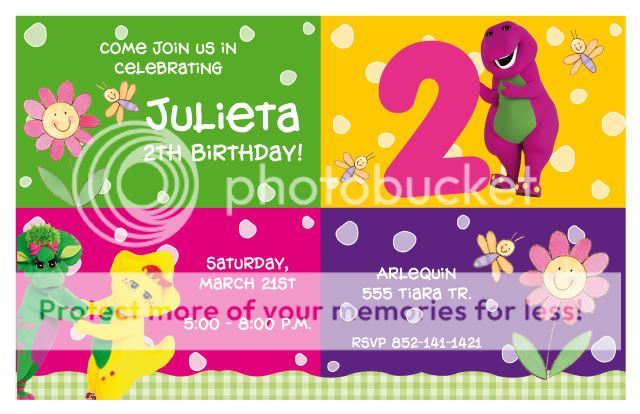 Set of 10 Barney the Dinosaur Personalized Invitations  