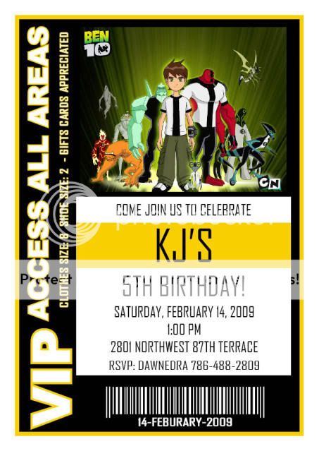 Set of 10 Ben 10 Backstage Pass Birthday Invitations  