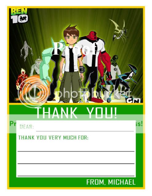 Set of 10 Ben 10 Personalized Thank You Cards