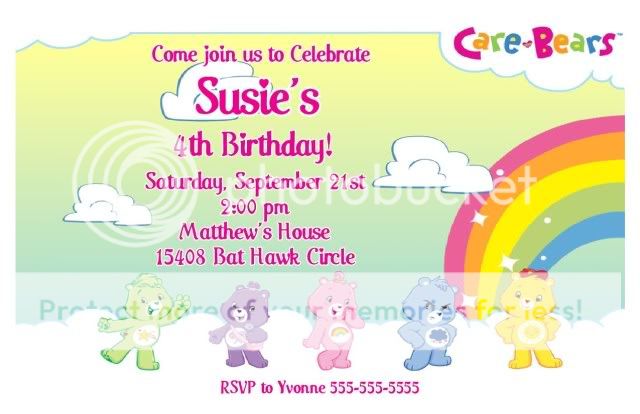 Set of 10 The Care Bears Personalized Invitations #3  