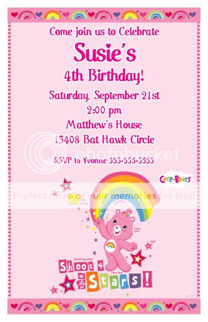 Set of 10 The Care Bears Personalized Invitations #3  