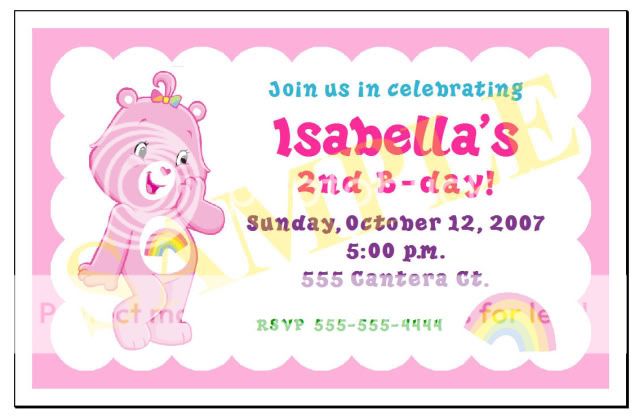 Set of 10 The Care Bears Personalized Invitations #1  