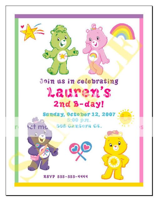 Set of 10 The Care Bears Personalized Invitations #2  