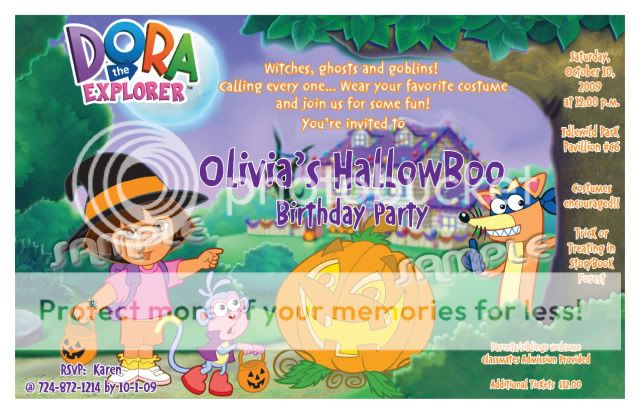 Set of 10 Dora Halloween Personalized Invitations