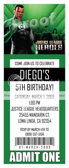 Set of10 Justice League Personalized Ticket Invitations  