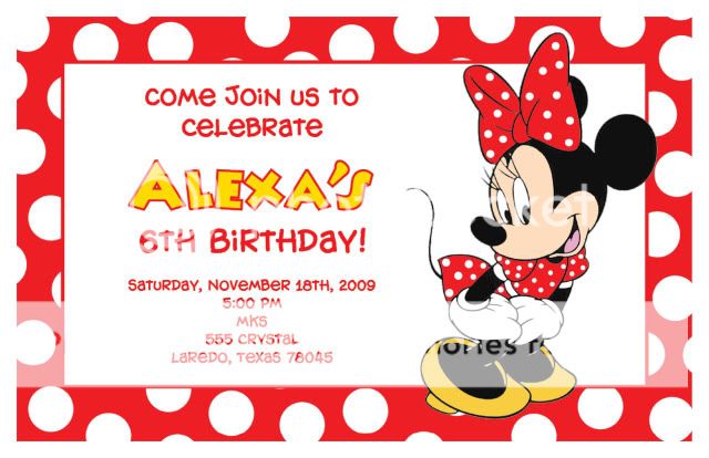 Set of 10 Minnie Mouse Personalized Invitations D