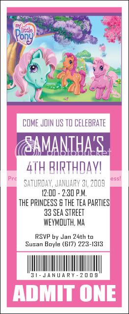 Setof10 My Little Pony Personalized Ticket Invitations  