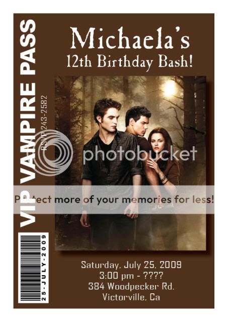 10 Twilight New Moon Personalized Pass Invitations  