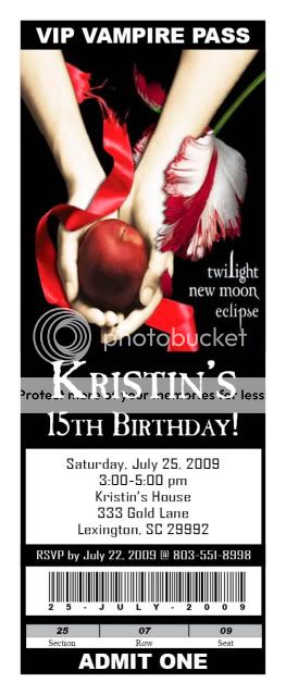 10 Twilight New Moon Personalized Ticket Invitations  